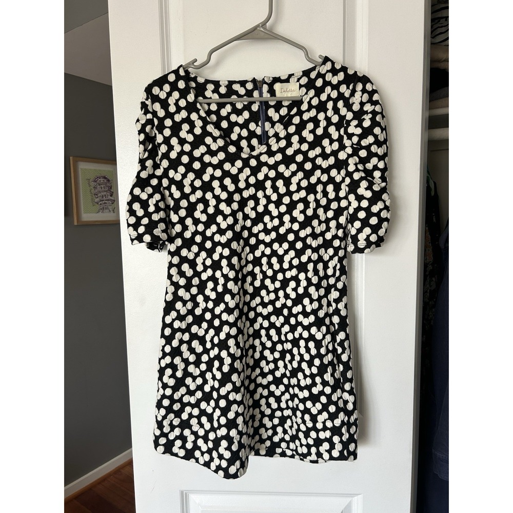 Deletta Womens Size Small Black White Polka Dotted Short Sleeve Dress VNeck